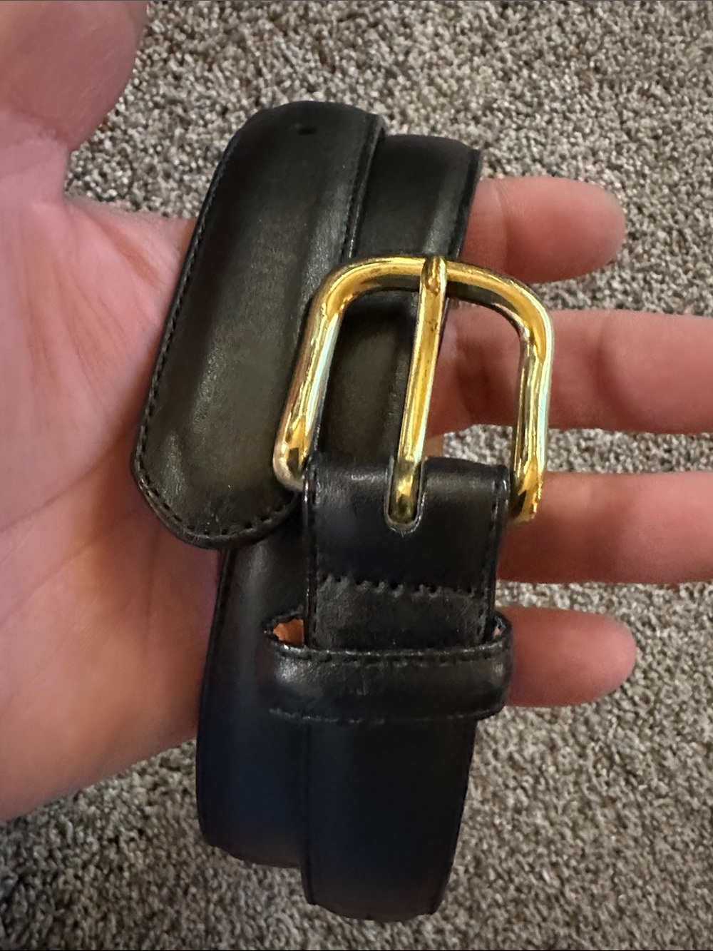 Lands End Classic Black Leather Belt with Brass Buckle